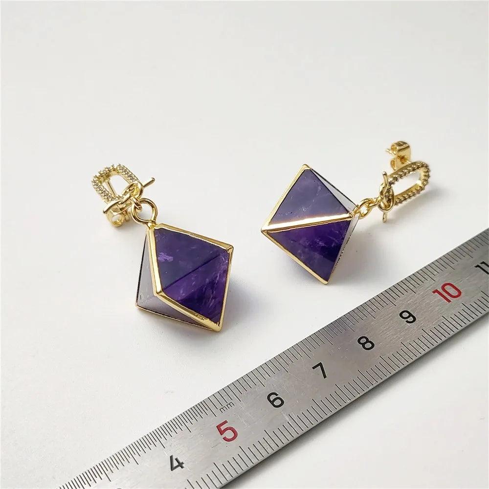 Amethyst Crystal Octahedral Drop Earrings with gold zircon, promoting peace and spiritual connection.