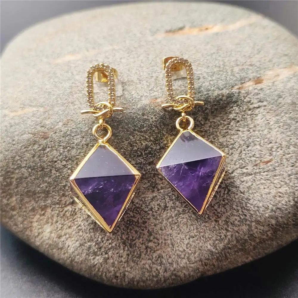 Amethyst Crystal Octahedral Drop Earrings Gold Zircon. Genuine purple amethyst, gold-plated, for peace and intuition.