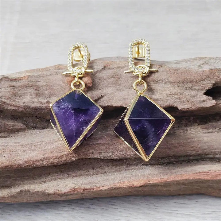 Amethyst Crystal Octahedral Drop Earrings Gold Zircon. Genuine purple amethyst, gold-plated, for intuition and peace.