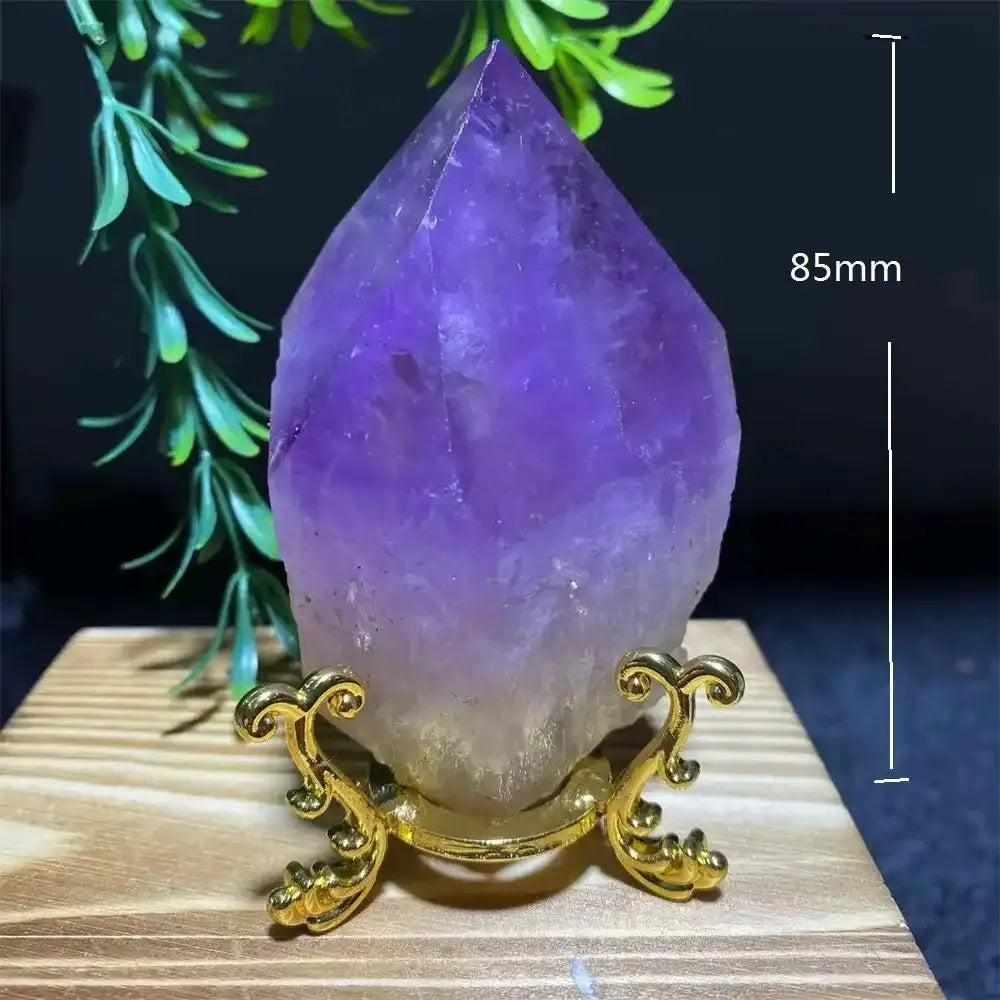 85mm amethyst crystal point on a gold-tone display stand, featuring deep purple hues for crown chakra healing.
