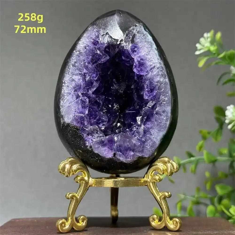 Amethyst geode dinosaur egg with deep purple crystals, 72mm size, perfect for meditation and crown chakra healing.