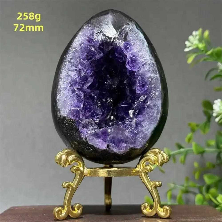 Amethyst geode dinosaur egg with deep purple crystals, 72mm size, perfect for meditation and crown chakra healing.