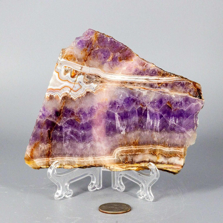 Amethyst "Laced" Agate Crystal Slab from Crystal Destiny, displaying vibrant purple and white patterns.