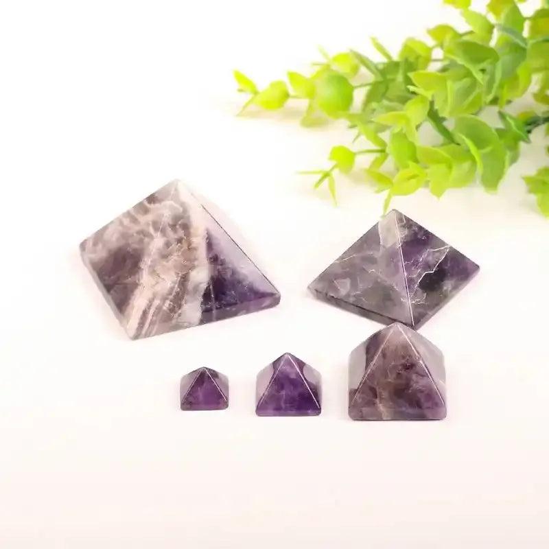 Hand-polished Amethyst Mini Pyramids in rich purple quartz with natural zoning for meditation and crown chakra healing.