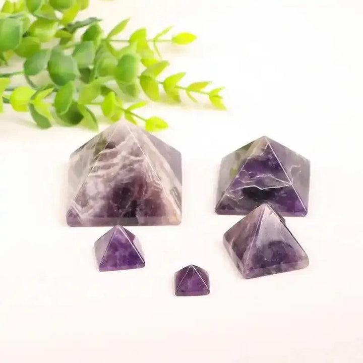 Hand-polished Amethyst Mini Pyramids in rich purple quartz, perfect for Crown Chakra meditation and sacred energy focus.
