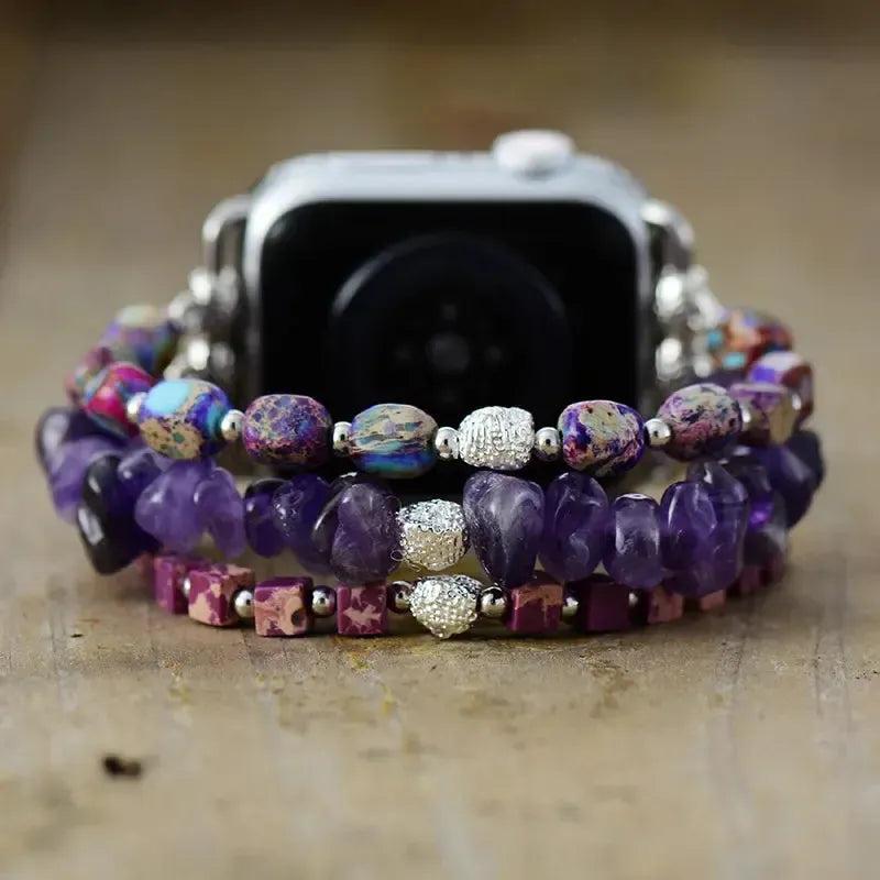 Amethyst & Purple Jasper Beaded Apple iWatch Band for spiritual alignment. Deep violet amethyst and earthy purple jasper beads.