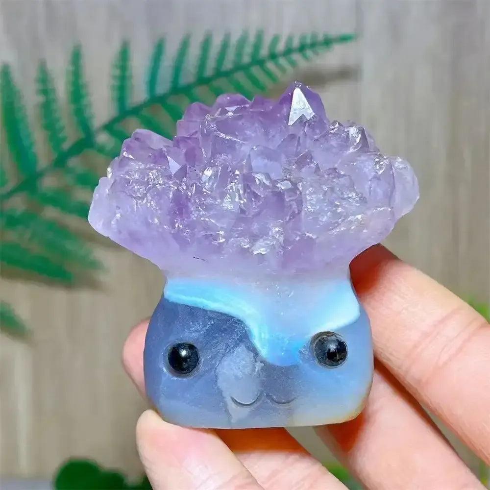 Crystal Destiny's amethyst and quartz hedgehog crystal cluster, with vibrant purple druzy spines and a cute carved face.
