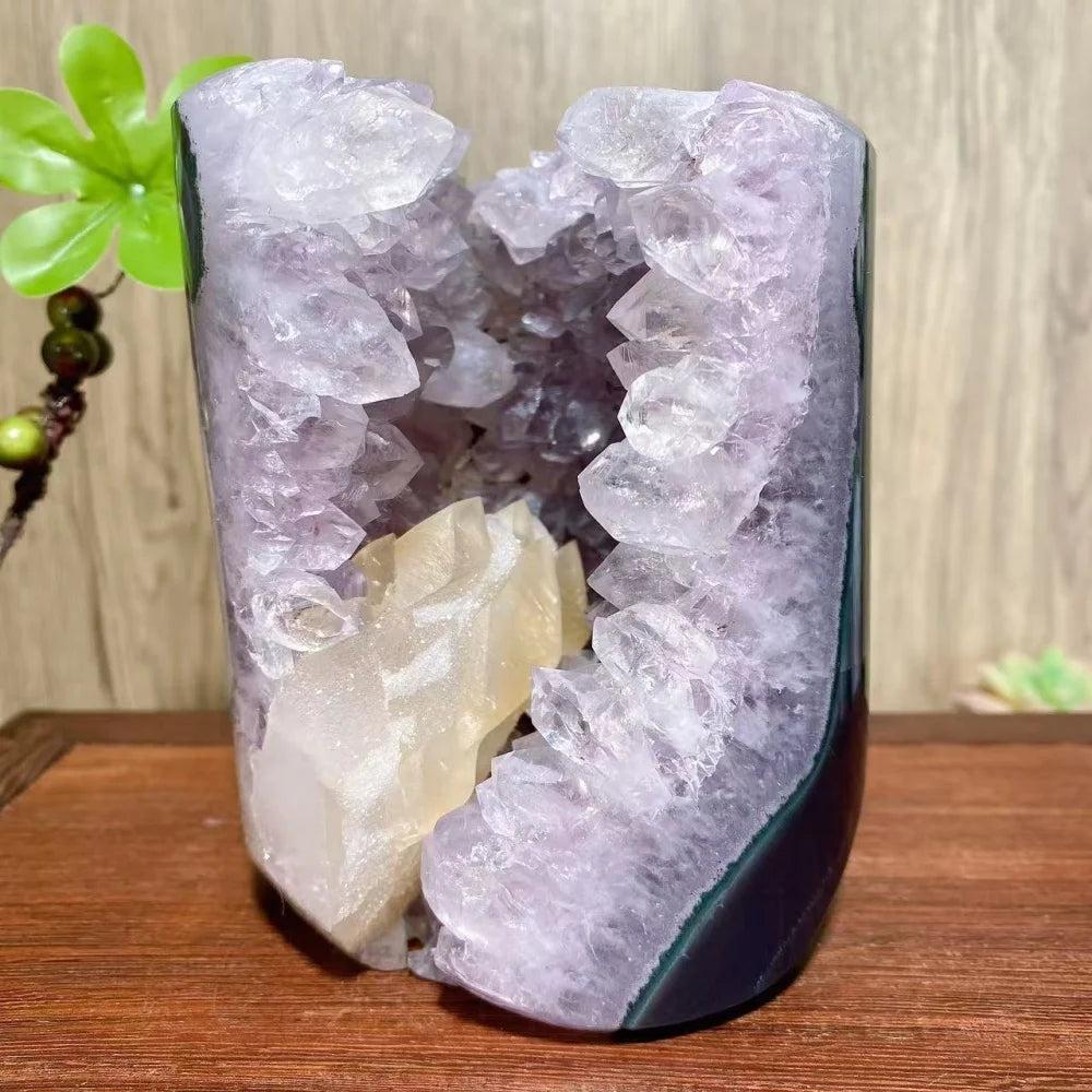 Natural raw amethyst geode and calcite crystal cluster for healing, Reiki energy, and unique home decor ornament.