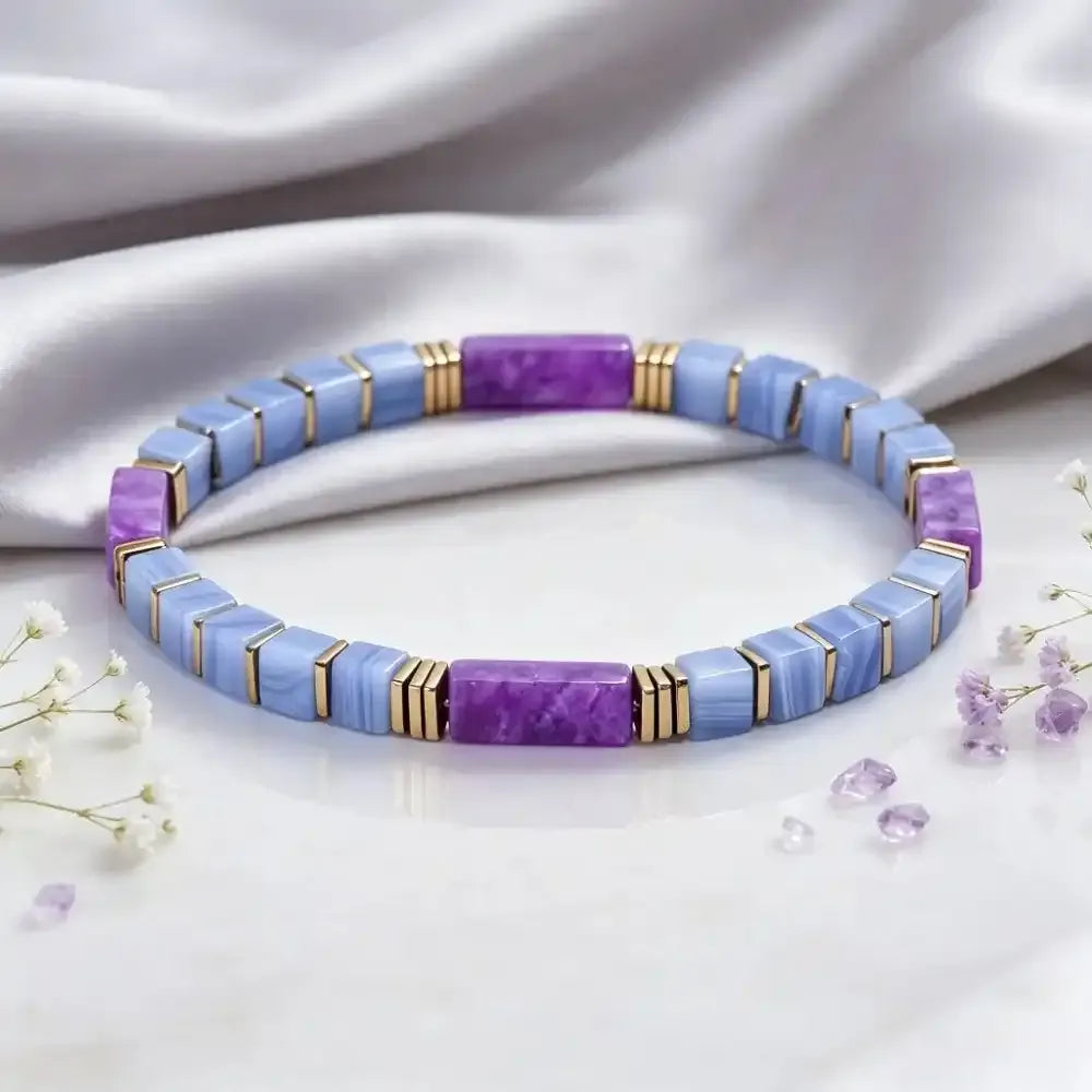 Amethyst and Blue Lace Agate Square Bead Bracelet