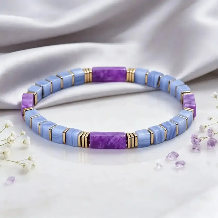 Amethyst and Blue Lace Agate Square Bead Bracelet
