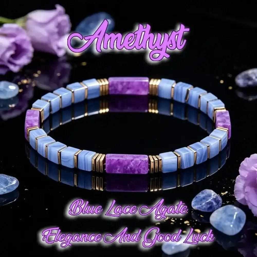 Amethyst and blue lace agate square bead bracelet with gold-tone spacers, balancing crown and throat chakra energy.