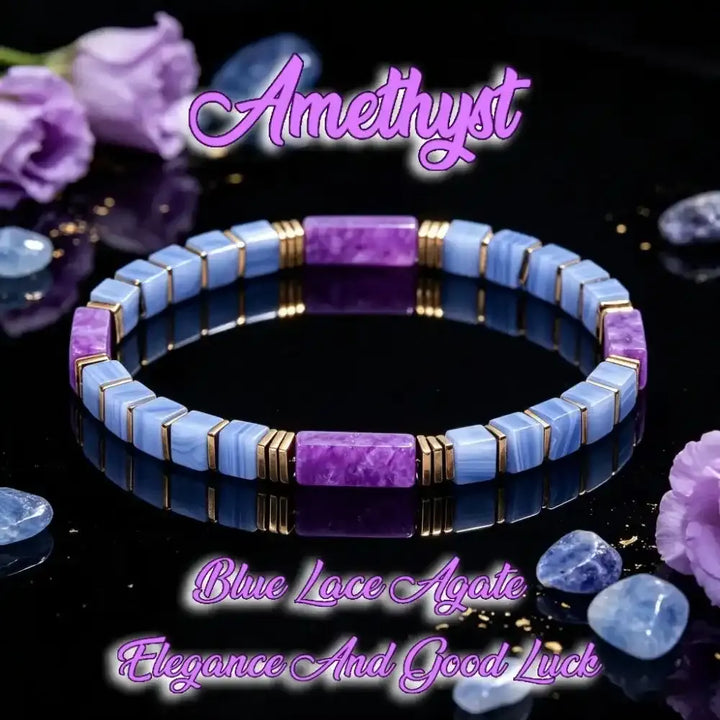 Amethyst and Blue Lace Agate Square Bead Bracelet