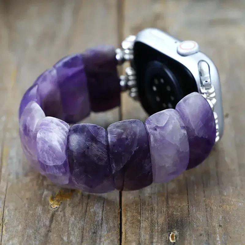 Amethyst Gemstone Apple iWatch Band with rich purple stones, stainless steel connectors, and elastic for calming energy.