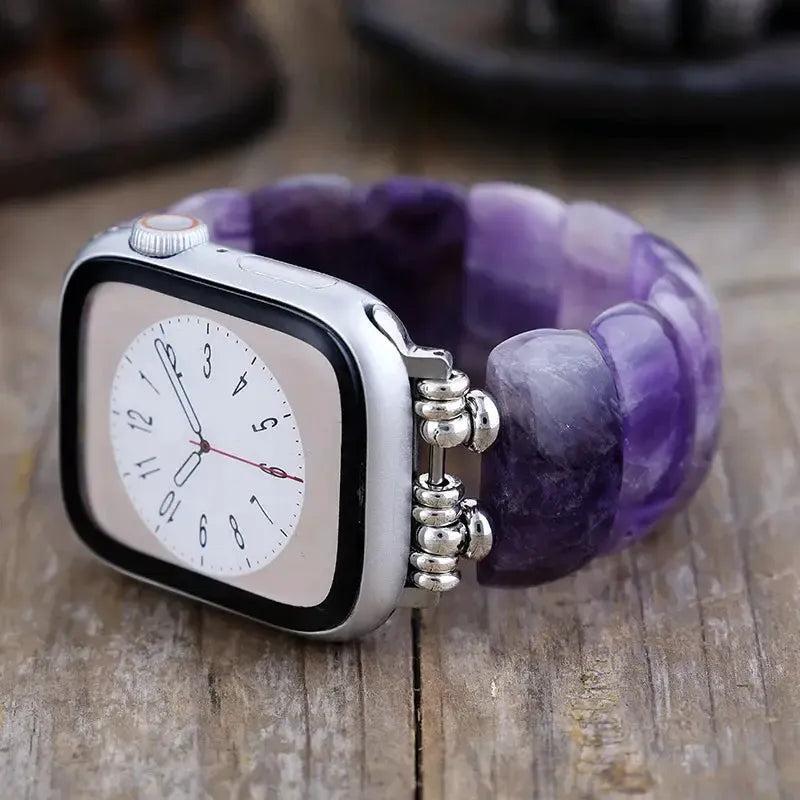 Gemstone Apple iWatch Band with rich purple Amethyst beads, stainless steel connectors, and calming spiritual energy.