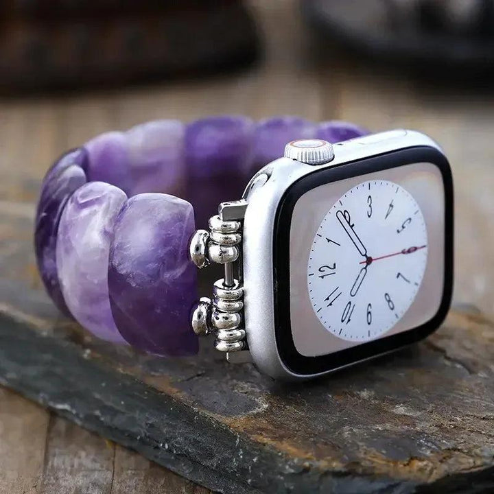 Gemstone Apple iWatch Band with calming purple Amethyst beads and stainless steel connectors for spiritual style.