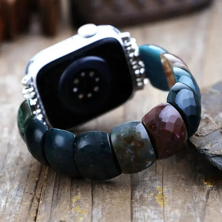 Gemstone Apple iWatch Band with grounding India Agate beads in warm earth tones, promoting emotional balance.