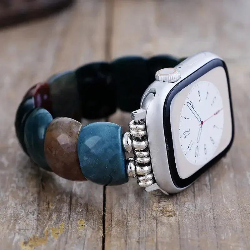 Gemstone Apple iWatch Band with India Agate beads in warm earth tones, promoting grounding and inner strength.