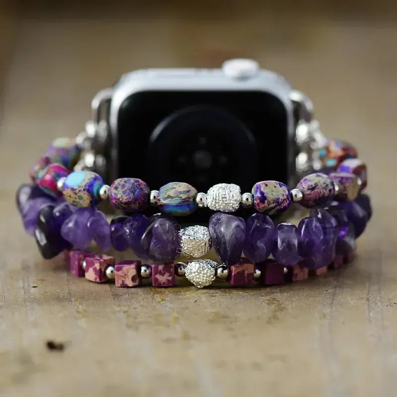 Amethyst and Purple Jasper Beaded Apple iWatch Band-Bands-Ali-Amethyst - Jasper-Large-Apple 42-49MM Plate-Crystal Destiny
