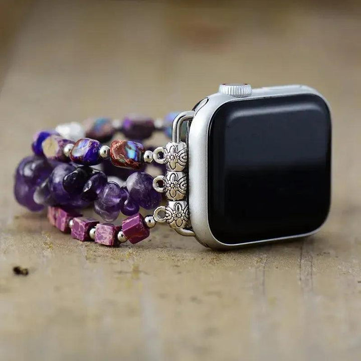 Crystal Destiny Amethyst & Purple Jasper Beaded Apple Watch Band for spiritual alignment and emotional balance.