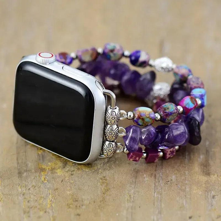 Crystal Destiny Amethyst & Purple Jasper beaded Apple Watch band for spiritual alignment.