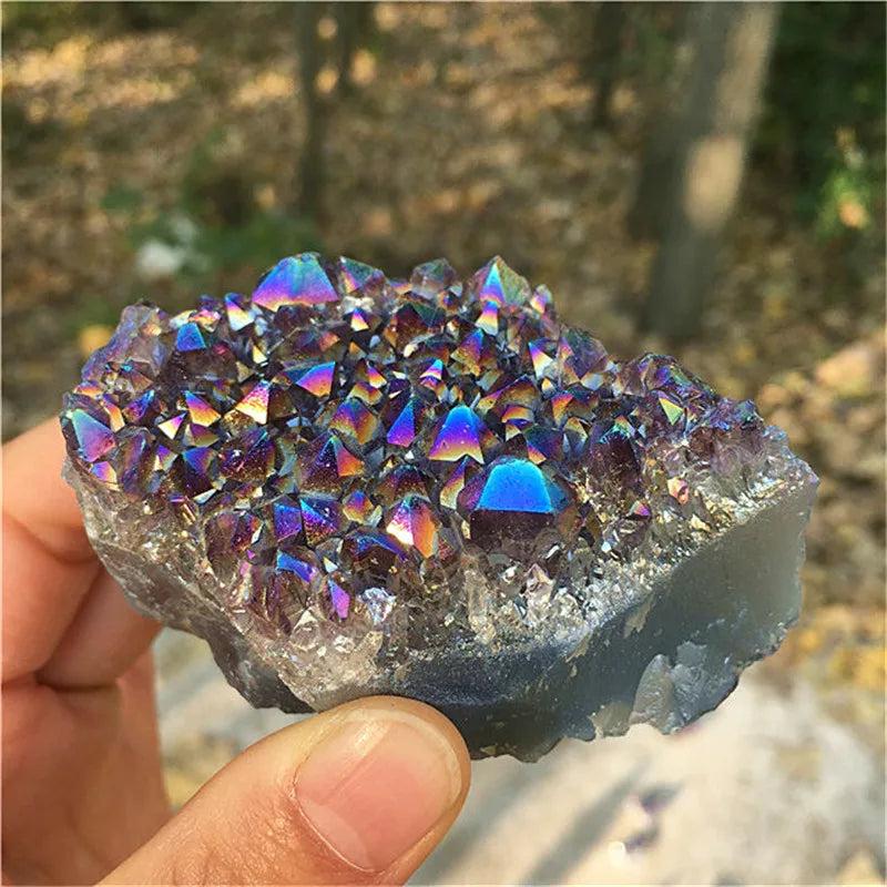 Natural Aura Angel Amethyst cluster with iridescent titanium coating for vibrant reiki healing and home decor.