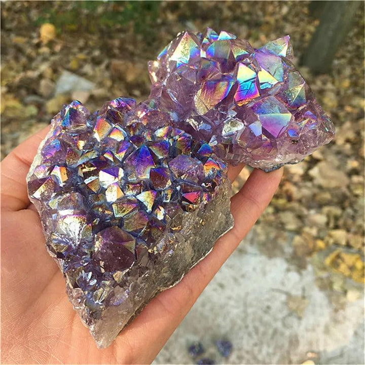 Natural Aura Angel Amethyst crystal cluster with iridescent titanium coating for vibrant healing and home decor.