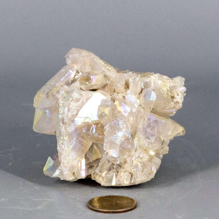 Angel Aura Quartz Crystal Point Cluster Iridescent, a natural clear quartz with rainbow platinum and silver aura bonding.