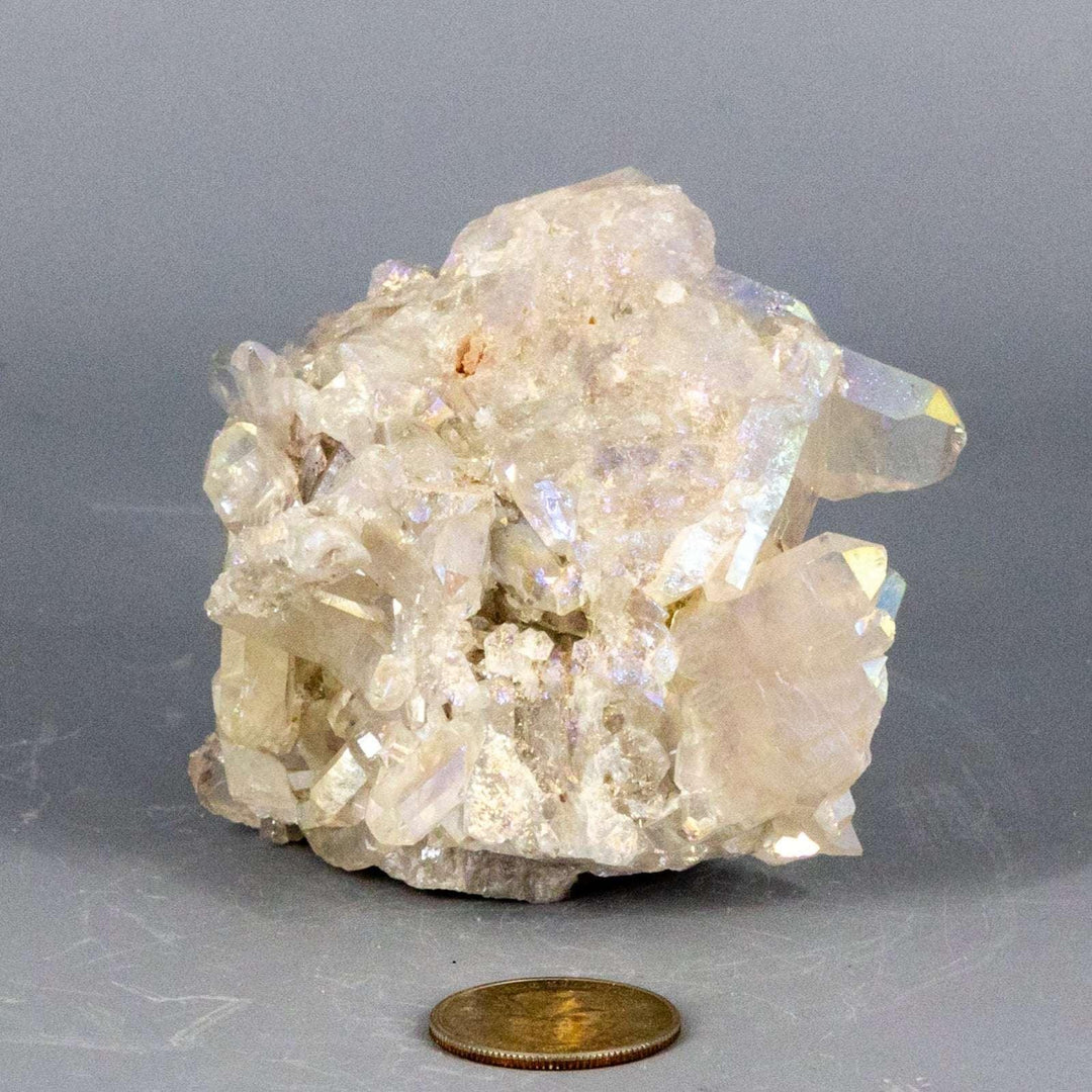 Angel Aura Quartz Crystal Point Cluster Iridescent, a natural clear quartz with rainbow platinum and silver aura bonding.