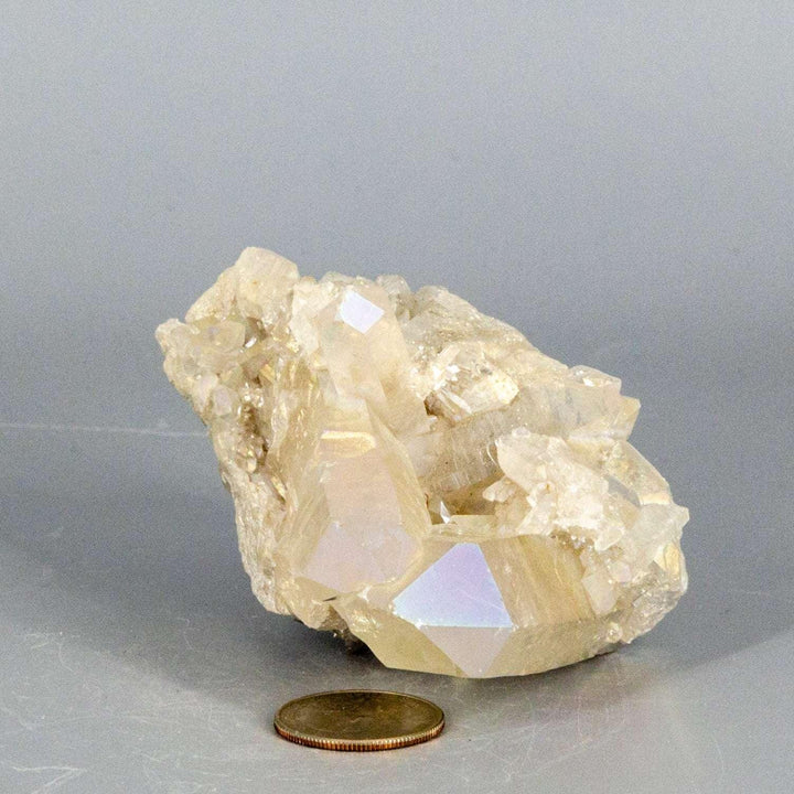 Angel Aura Quartz Crystal Point Cluster Iridescent, a natural clear quartz with rainbow platinum and silver aura bonding.