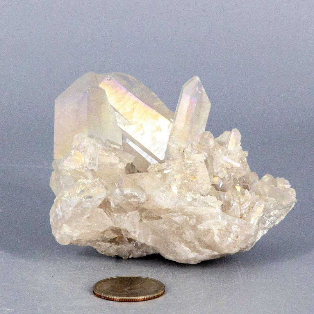 Angel Aura Quartz Crystal Point Cluster Iridescent, a natural clear quartz with permanent rainbow iridescent finish.