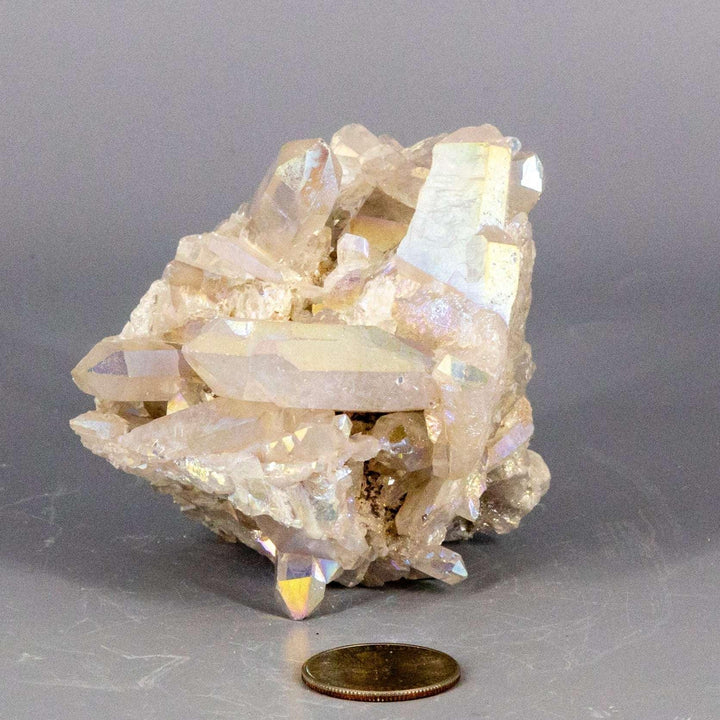 Angel Aura Quartz Crystal Point Cluster Iridescent, a natural clear quartz with permanent platinum and silver bonding, radiating rainbow hues for spiritual elevation.