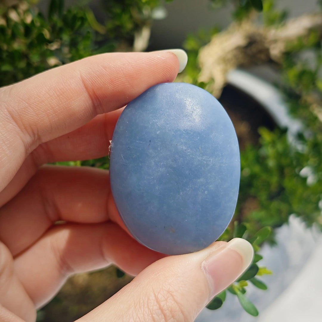 Polished powder blue Angelite Crystal Palm Stone held in hand for calming anxiety relief.