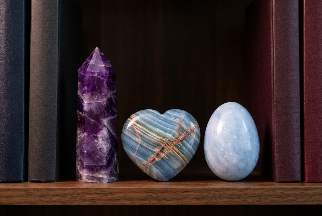 Anxiety Relief crystal set: Amethyst, Blue Calcite and Celestite on a bookshelf