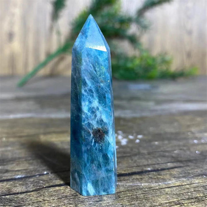 Natural blue apatite crystal tower wand with deep azure hues, perfect for reiki healing and elegant home decor.
