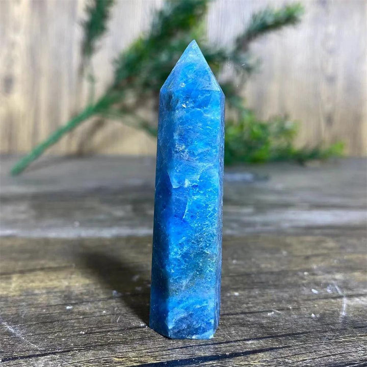 Natural blue apatite crystal tower wand for healing, featuring a polished gemstone point for reiki and home decor.