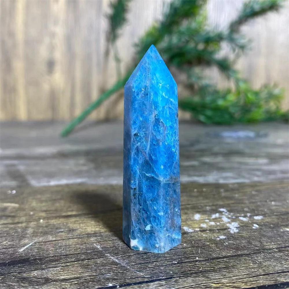 Natural blue apatite crystal tower wand for healing, featuring a vibrant gemstone point perfect for Reiki and home decor.