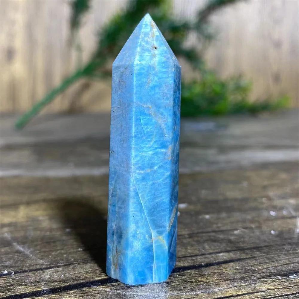 Natural blue apatite crystal tower wand for healing, featuring a polished gemstone point for Reiki and home decor.