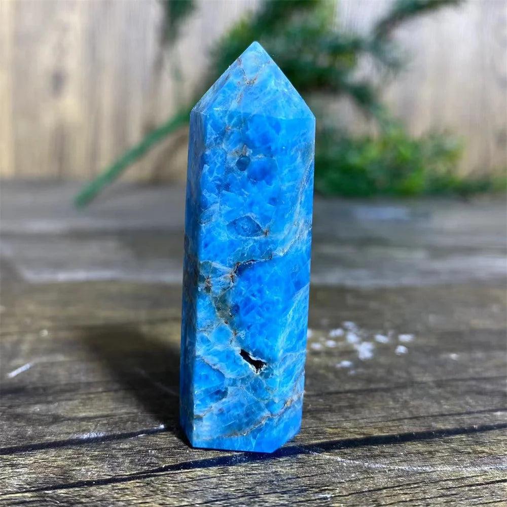 Natural blue apatite tower wand with vibrant crystalline textures, perfect for healing, Reiki, and home decor.