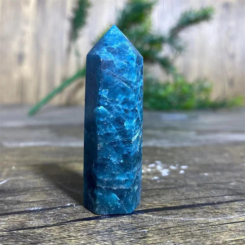 Natural blue apatite crystal tower wand for Reiki healing, featuring a polished gemstone point for home decor.