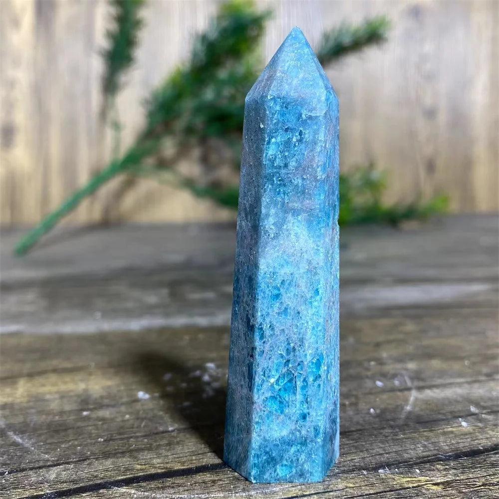 Natural blue apatite crystal tower wand for healing, featuring a textured gemstone point perfect for Reiki and decor.