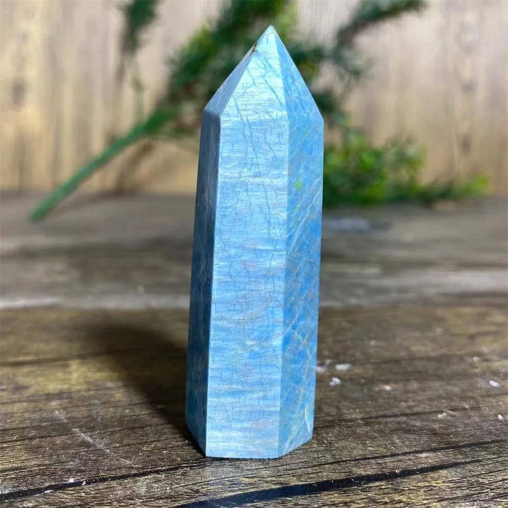 Natural blue apatite crystal tower wand with unique mineral textures, perfect for healing, Reiki, and home decor.
