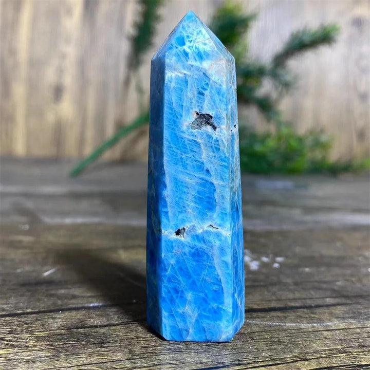 Natural blue apatite crystal tower wand with vibrant healing energy, perfect for reiki, meditation, and home decor.