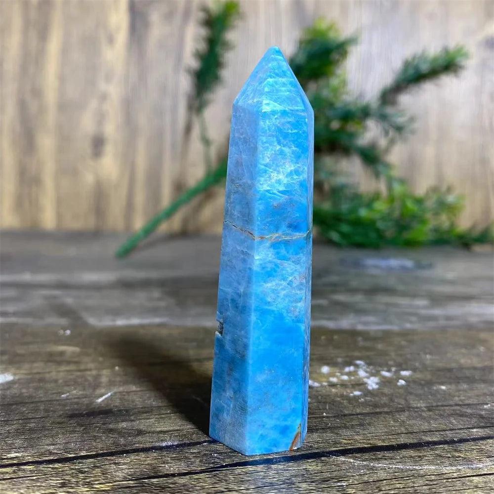 Natural blue apatite crystal tower wand for healing, featuring a polished gemstone point perfect for Reiki and decor.