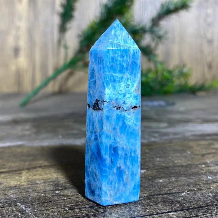 Natural blue apatite crystal tower wand with a unique geode accent, perfect for reiki healing and home decor.