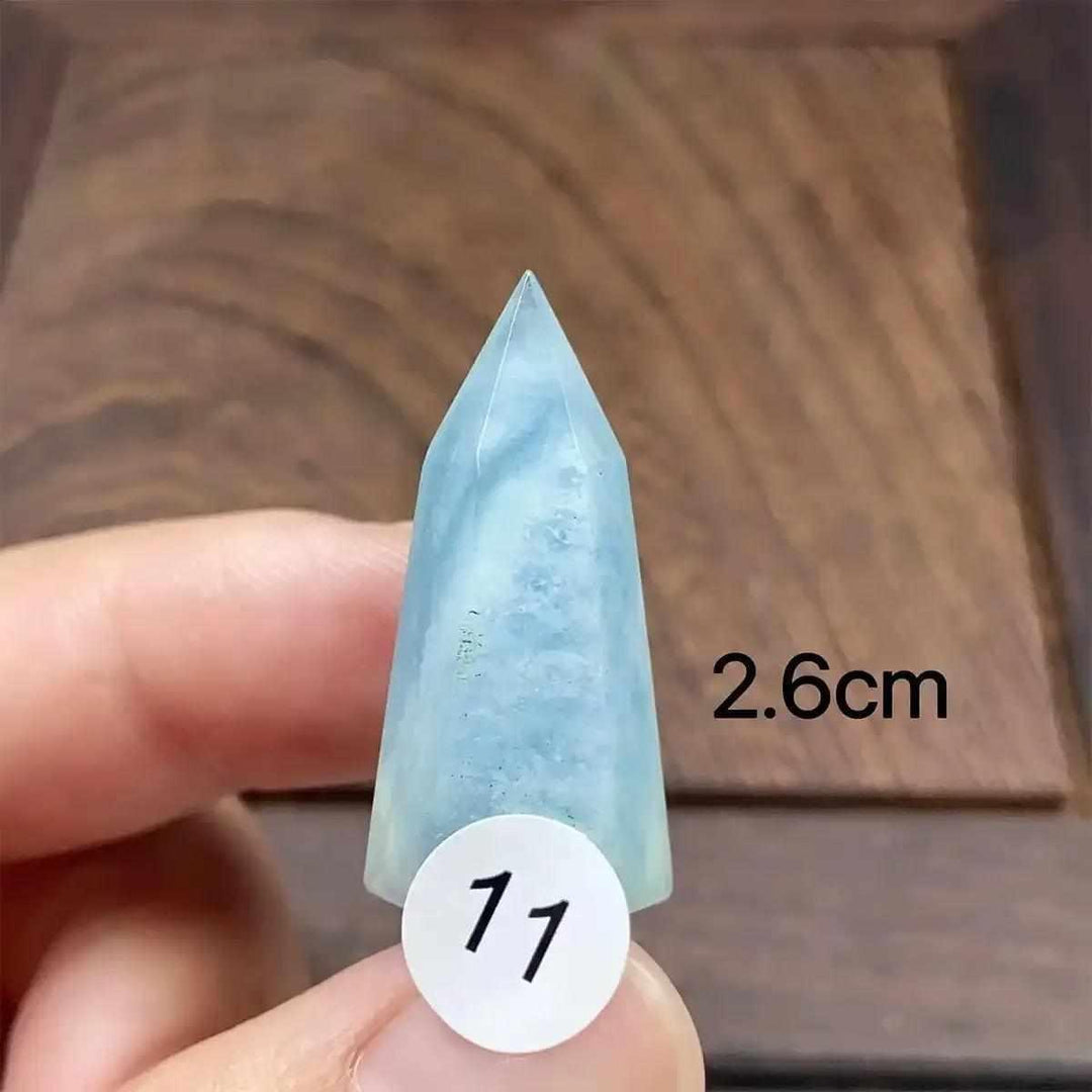 Hand-polished Aquamarine Mini Tower, piece 11, featuring a sea-blue faceted point for calm energy and clear communication.