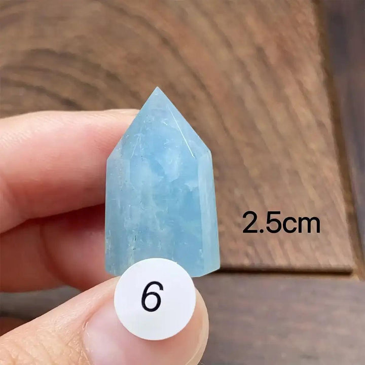 Small Aquamarine Mini Tower, piece 6, featuring a faceted point and calming blue-green hues for peaceful meditation.