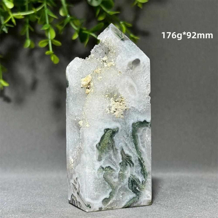 Aquatic Agate Crystal Cave Tower with sparkling quartz, green mossy patterns, and a calming Throat Chakra energy.
