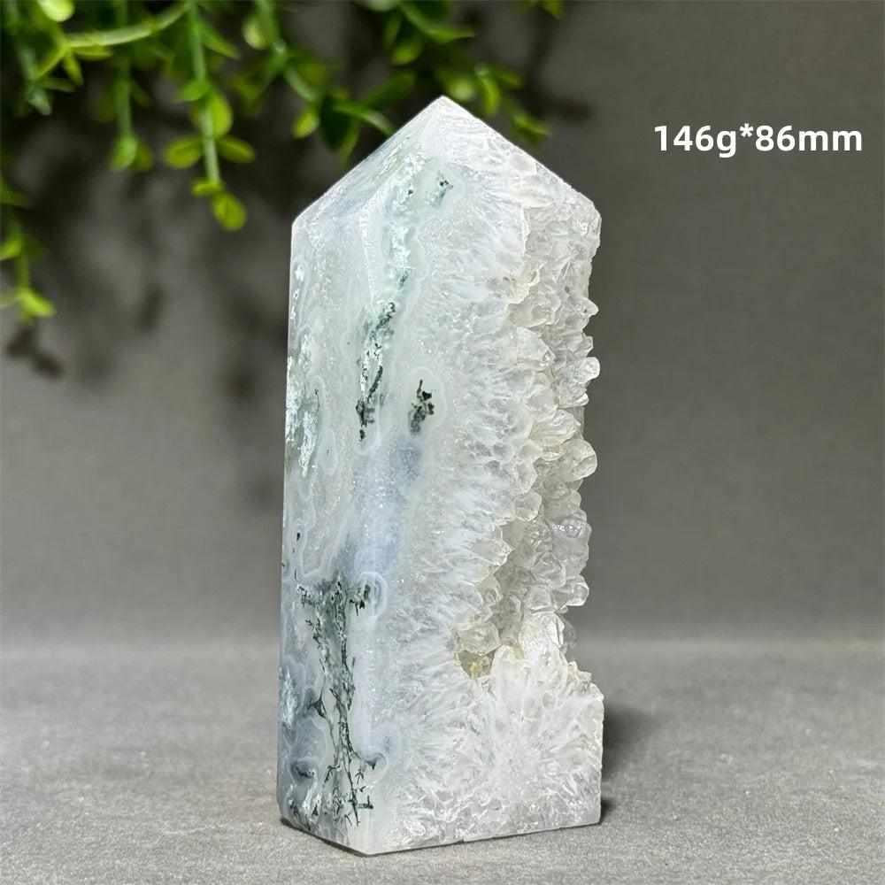 Polished Aquatic Agate Crystal Cave Tower featuring sparkling quartz pockets and calming water-like patterns.