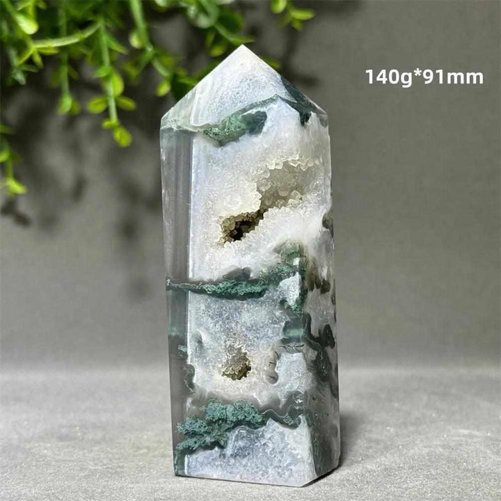 Aquatic Agate Crystal Cave Tower with sparkling quartz pockets and calming green water-like patterns for chakra healing.