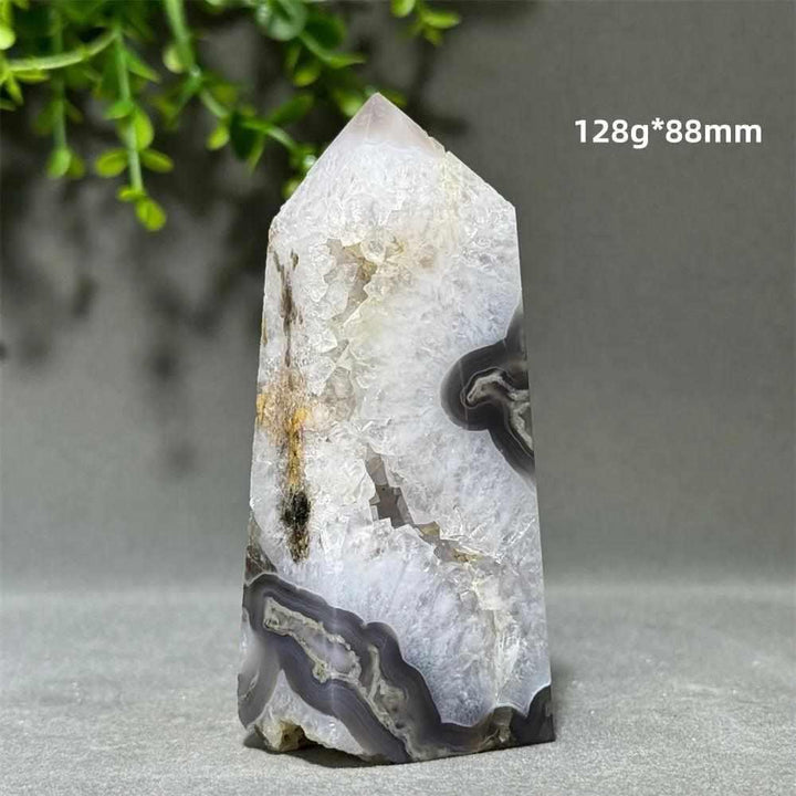 Polished 88mm Aquatic Agate Crystal Cave Tower featuring sparkling quartz and calming water-like patterns.